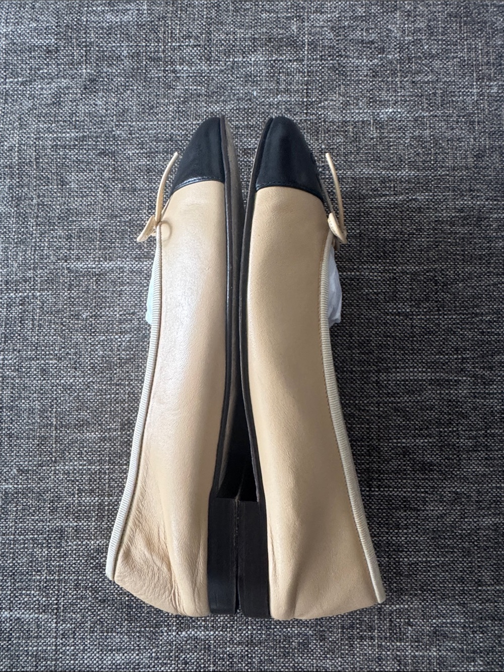 CHANEL Beige and Black Cap-Toe Leather Ballet Flats - Picture 6 of 10